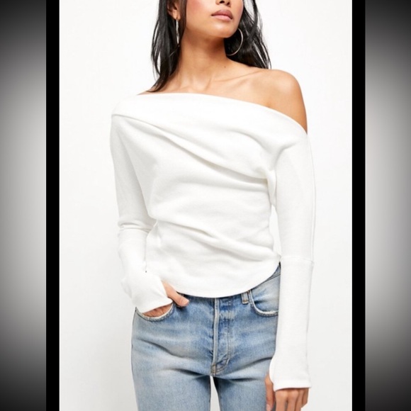 We The Free Tops - WE THE FREE Fuji Off Shoulder Thermal Top White Ivory Waffle Long Sleeves Large